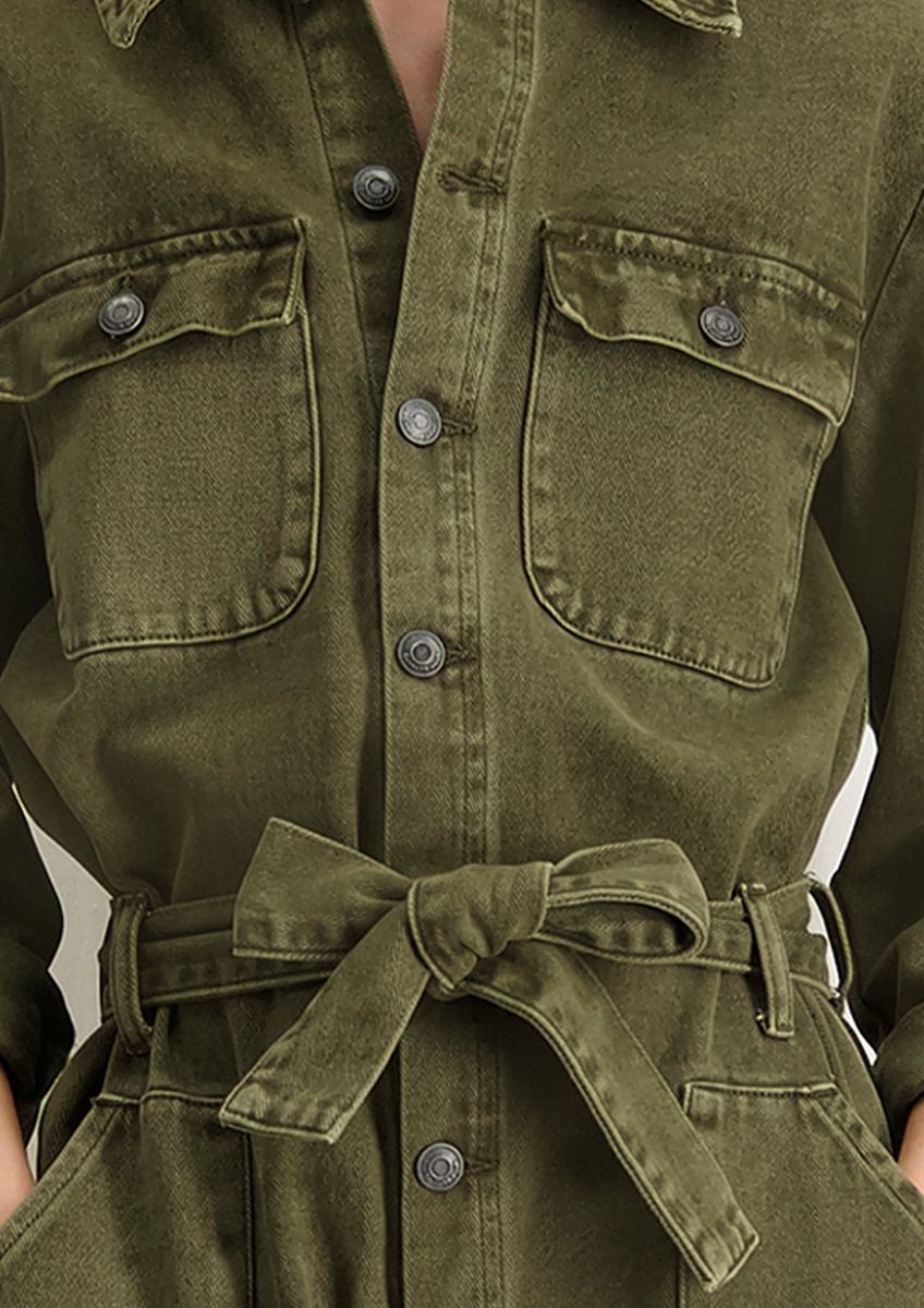 Olive green denim jumpsuit shop