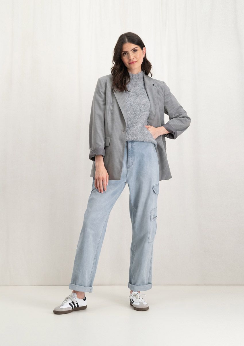 Josha grey blazer with white pinstripes and slash pockets for women Circle Of Trust official webshop