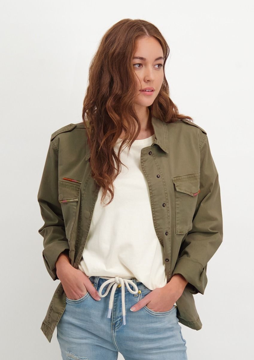 Kenzi army green jacket with embroidered details for women | Circle Of  Trust official webshop