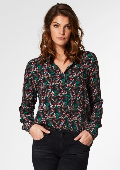 Amuseren Classificatie Verzwakken Lisanne zwarte blouse met kleurrijke all-over print voor dames | Circle Of  Trust official webshop