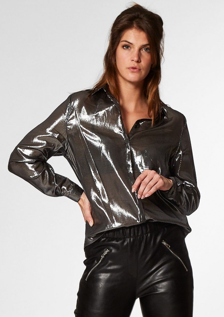 Nora Zijden Blouse Metallic Antraciet