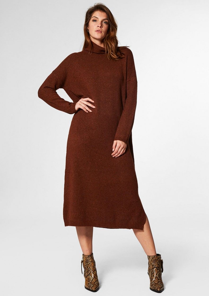 Maggie long red brown dress with a turtleneck for women Circle