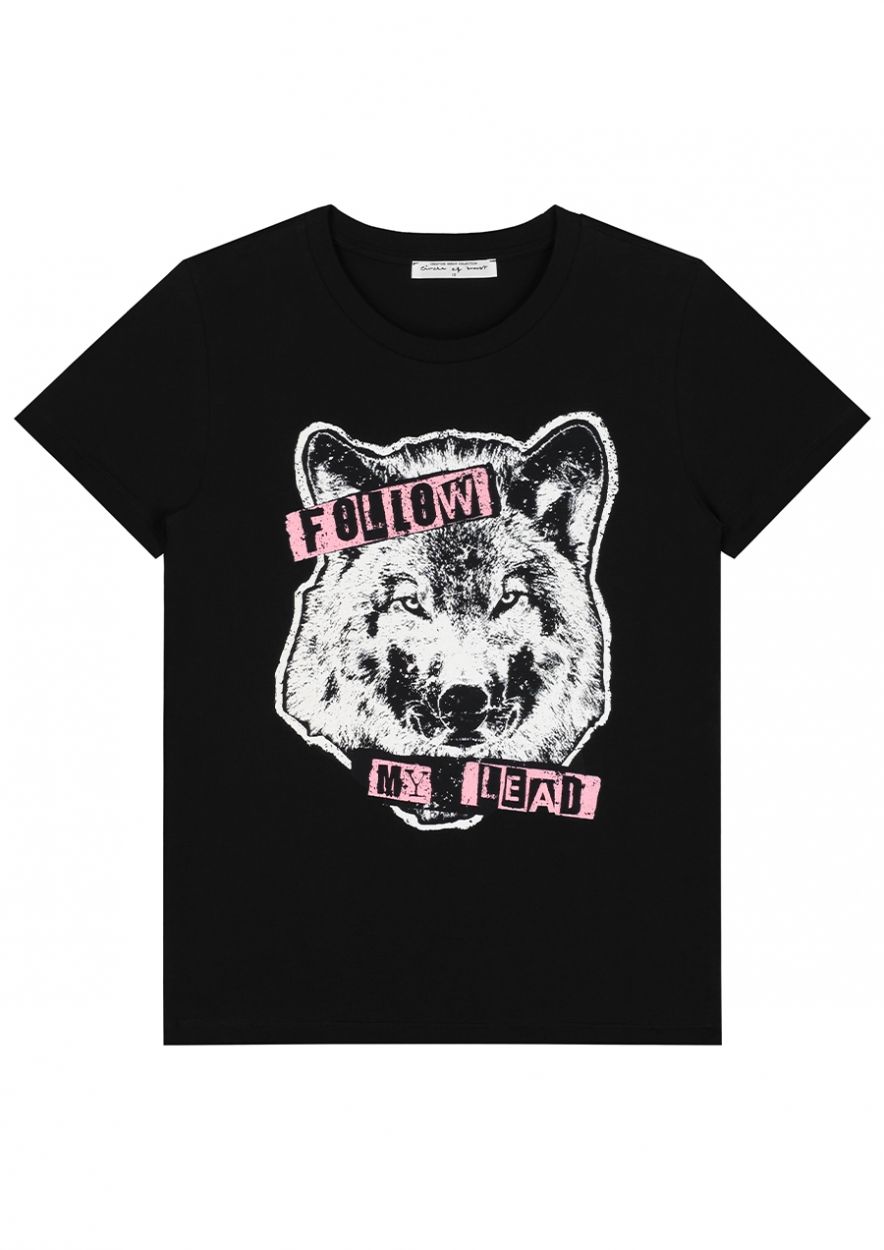 Girls Suri T-Shirt met Wolf Print Zwart