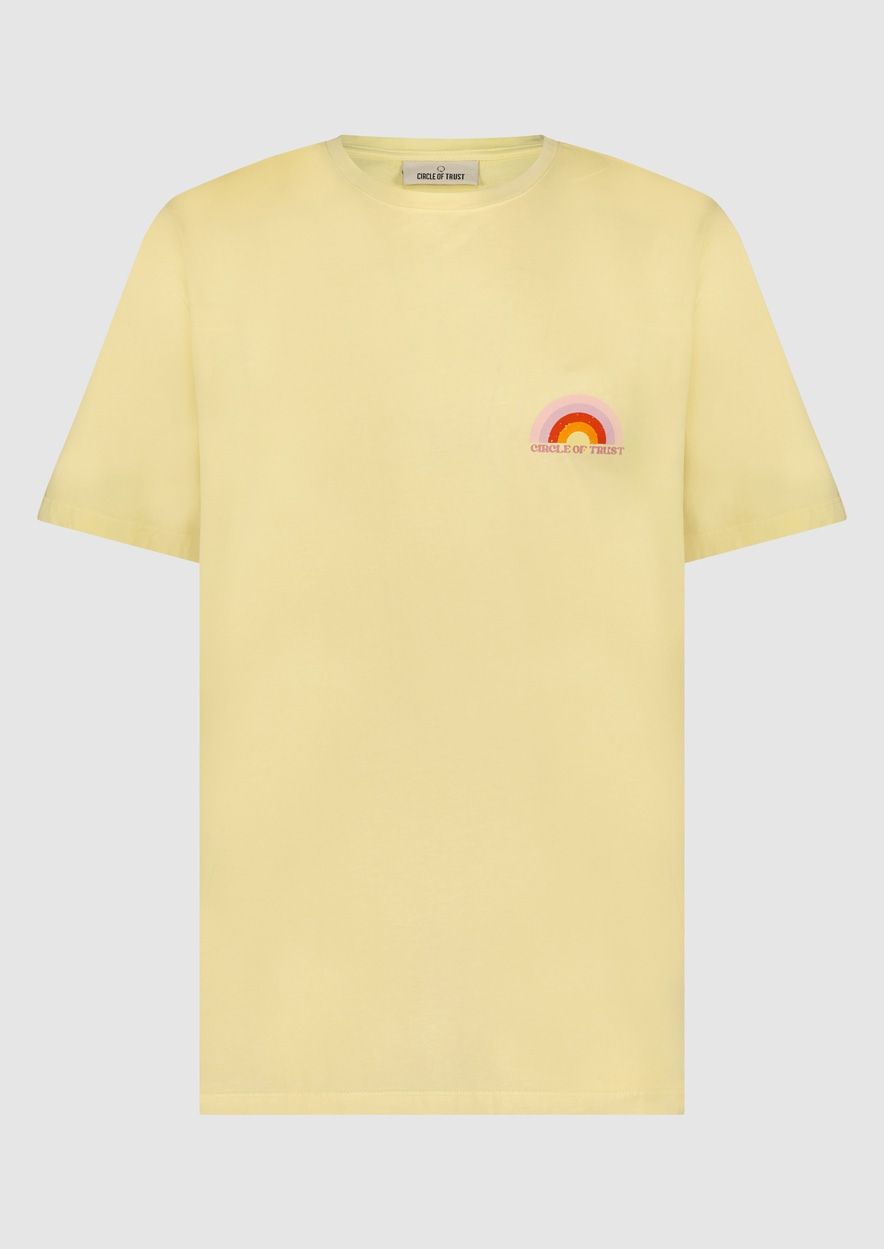 Sun light yellow t shirt with colorful back print for men Circle Of Trust official webshop