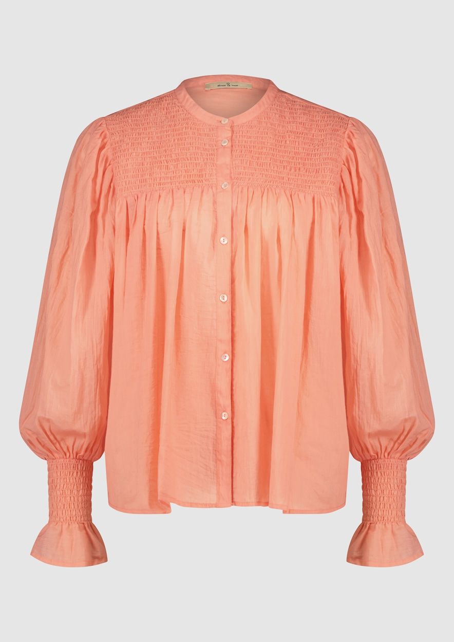 Yaella katoenen zalmroze dames blouse met gesmokte details