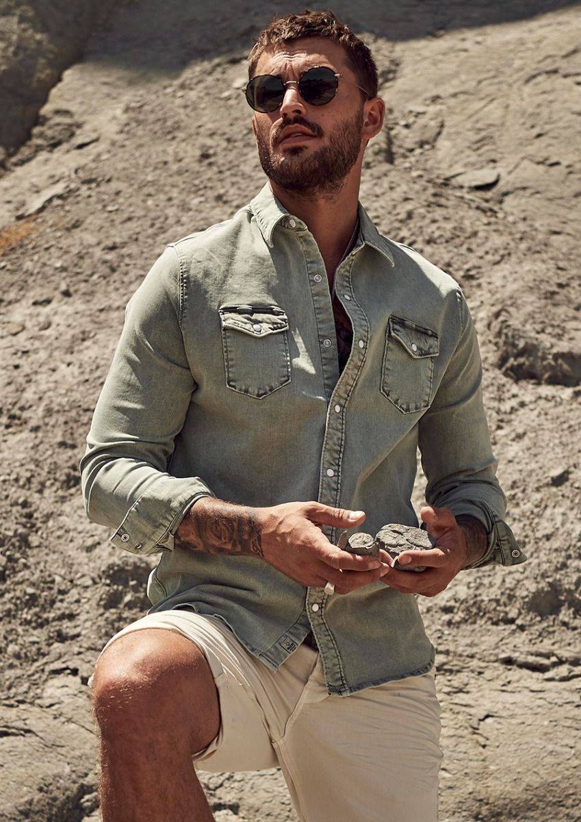 Denim shirt cheap green pants