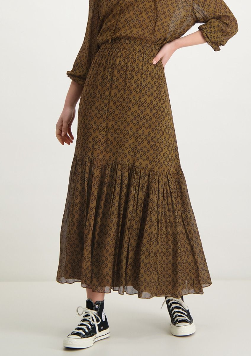 Indy goudbruine maxi rok met all over print voor dames Circle Of Trust official webshop