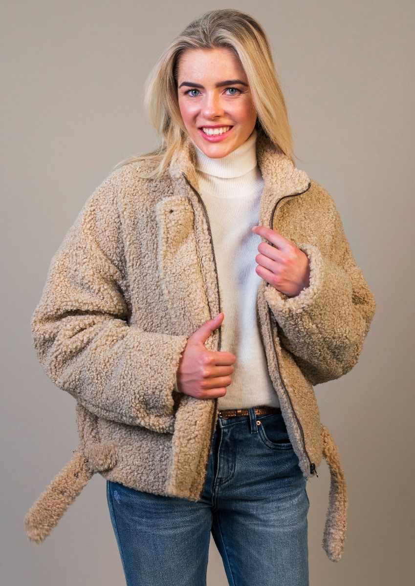Luna beige teddy bomber jacket for women